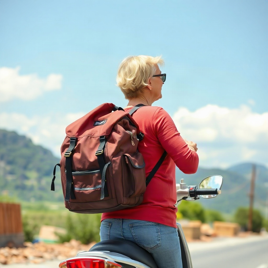 Middle aged woman packing a motorcycle trip bag